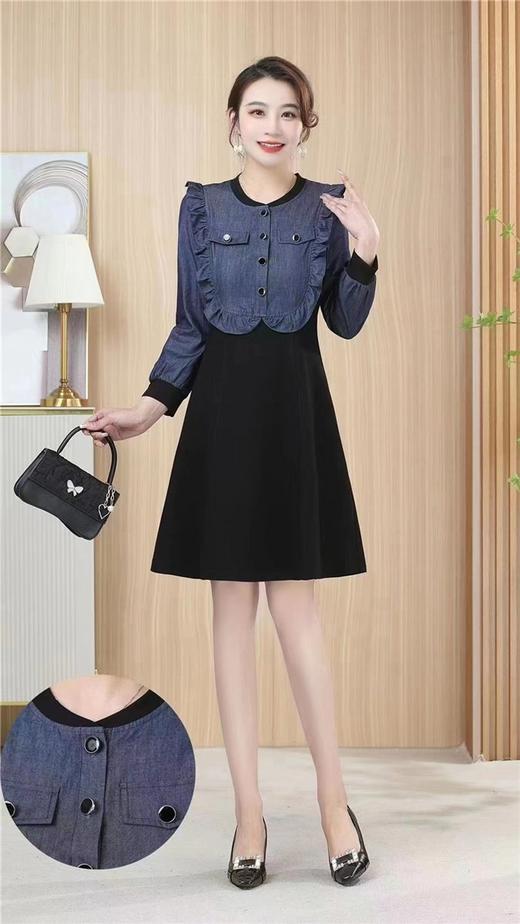 C6094       高端气质收腰显瘦牛仔拼接假两件连衣裙（特价不退换） 商品图0