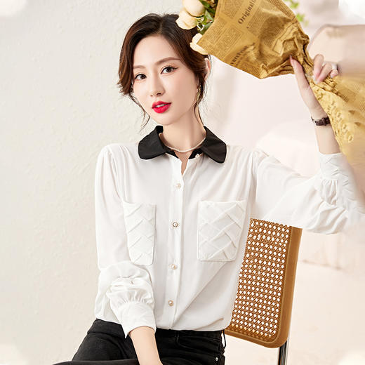 时尚百搭，春季新款休闲气质显瘦拼色翻领雪纺衬衫上衣女HR-JNNS2323-1 商品图3