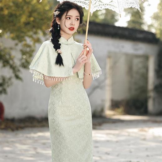 2023春夏新款复合蕾丝斗篷两件套中长款旗袍连衣裙复古改良连衣裙 商品图3