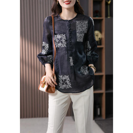 YX【现货7天】苎麻刺绣衬衫女T恤2023夏季新款韩版设计感小众宽松复古衬衣 商品图2