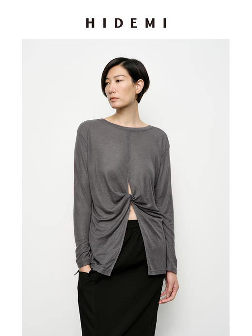 HIDEMI 云朵系列前后两穿设计感纽结开衩针织长袖上衣 锡器灰/奶油白/清扬绿/巧克力色 商品图2