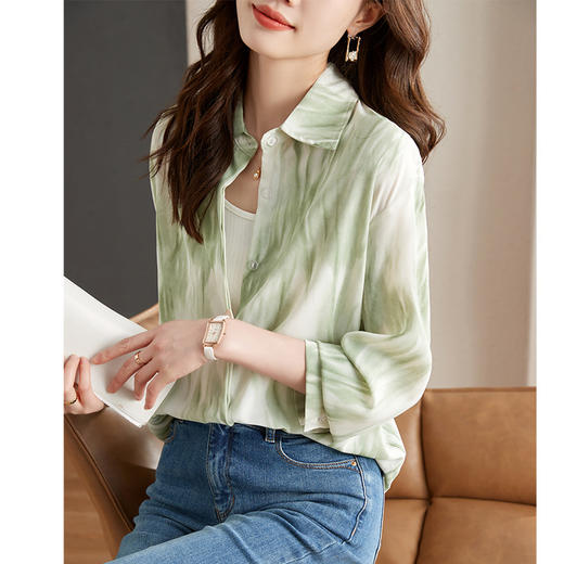 秋季新款，长袖秋款一壶春茶渐变水墨晕染染色淡雅衬衫KQL-638T8727 商品图1