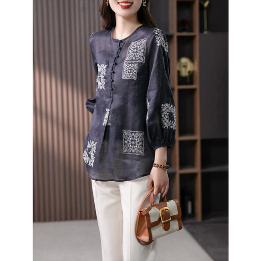 YX【现货7天】苎麻刺绣衬衫女T恤2023夏季新款韩版设计感小众宽松复古衬衣 商品图0