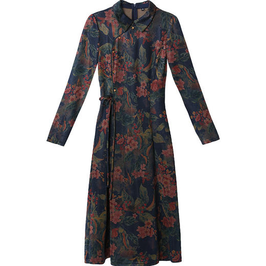 QYM MB2302印花复古优雅时尚连衣裙娃娃领优雅气质A字裙 商品图4