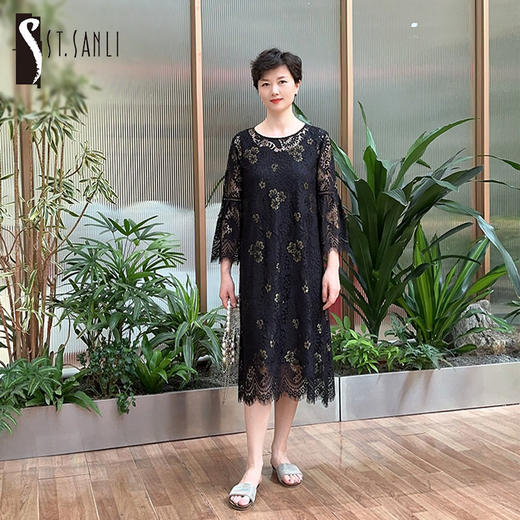 圣三利女装 公主袖A字型散摆长款金线蕾丝镂空连衣裙SL2017183 商品图0