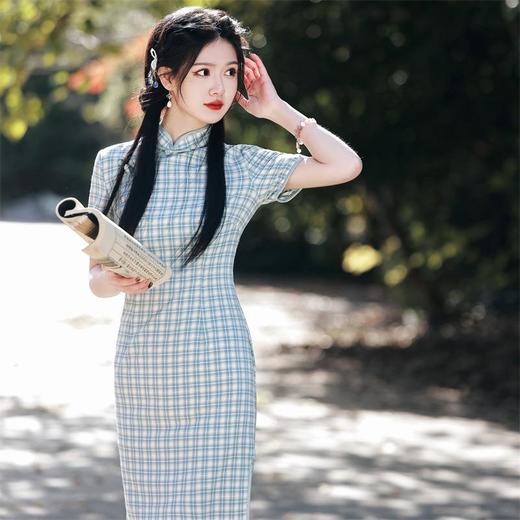 2023春夏新款棉麻格子短款旗袍连衣裙清新少女改良旗袍年轻款民国 商品图3