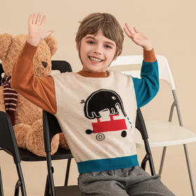 mettekids男童羊绒衫2023秋季新款撞色拼接毛衣儿童卡通针织衫