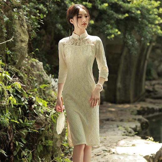 2023秋冬新款复合蕾丝镂空中袖中长旗袍连衣裙清新文艺少女年轻款 商品图1
