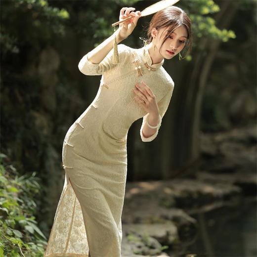 2023秋季新款复合蕾丝花边长款旗袍连衣裙清新文艺少女年轻款旗袍 商品图0