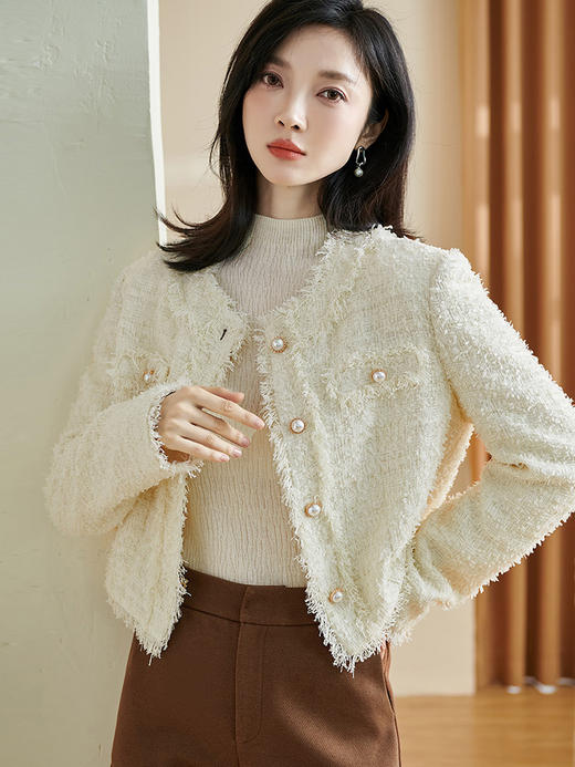 米思阳2024秋季新款名媛气质重工短外套肌理感钉珠长袖上衣女2593 商品图1