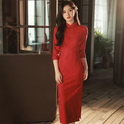 2023秋冬新款红色侧八扣蕾丝旗袍 宴会订婚敬酒服改良旗袍连衣裙 商品图3