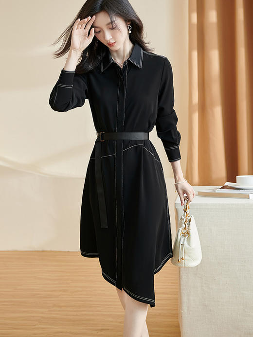 剩S/M/L/XL 米思阳2026春季新款通勤时尚设计感连衣裙系带撞色长袖裙子女2590 商品图4