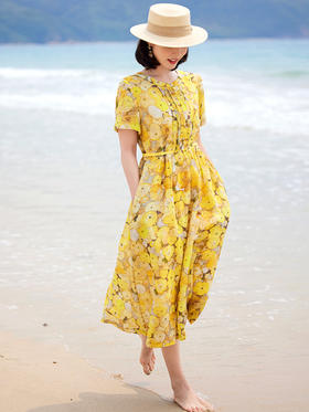 夏季黄色花朵印花苎麻连衣裙短袖薄款暑假旅行文艺温柔风长裙HMYM-S380