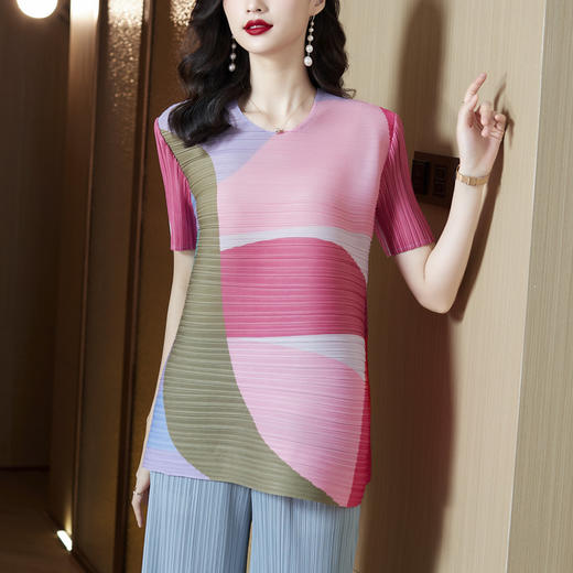 褶皱年轻妈妈装，高弹力显瘦垂感印花T恤AHM-kln235 商品图0