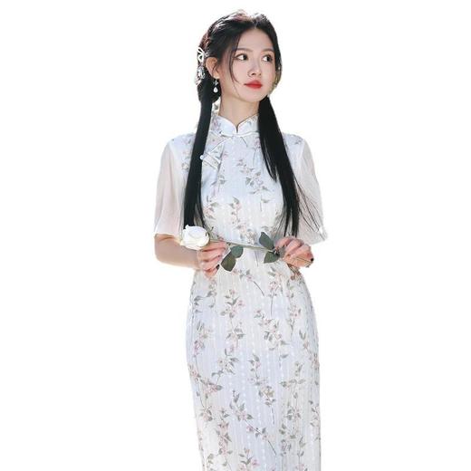 2023春夏新款雪纺竖条纹刺绣双层中长款改良旗袍连衣裙少女年轻款 商品图4