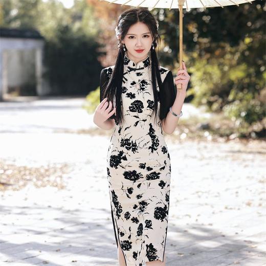2023春夏新款雪纺植绒提花双层旗袍连衣裙复古改良旗袍少女年轻款 商品图4
