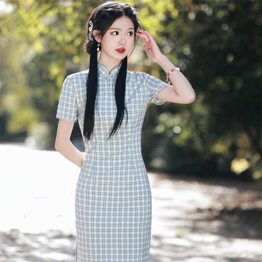 2023春夏新款棉麻格子短款旗袍连衣裙清新少女改良旗袍年轻款民国 商品图2