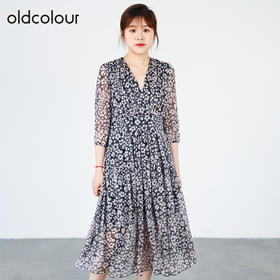 oldcolour2022秋商场同款收腰显瘦中袖碎花气质大摆长裙O31102156