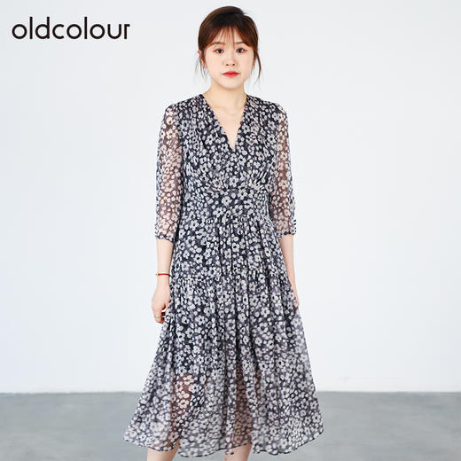 oldcolour2022秋商场同款收腰显瘦中袖碎花气质大摆长裙O31102156 商品图0
