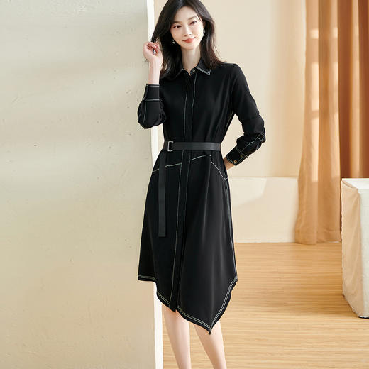 剩S/M/L/XL 米思阳2026春季新款通勤时尚设计感连衣裙系带撞色长袖裙子女2590 商品图0