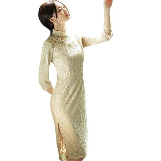 2023秋冬新款复合蕾丝镂空中袖中长旗袍连衣裙清新文艺少女年轻款 商品图4