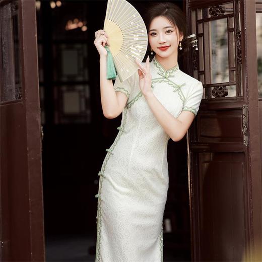 2023夏款侧八扣复合蕾丝花边旗袍连衣裙 复古典中国风旗袍年轻款 商品图3
