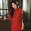 2023秋冬新款红色侧八扣蕾丝旗袍 宴会订婚敬酒服改良旗袍连衣裙 商品缩略图1