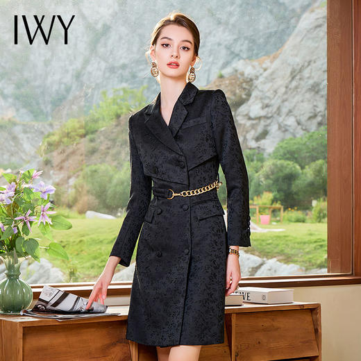 IWY/黑色长袖西装连衣裙女士高级感正式场合职业套裙气质修身Q758 商品图4