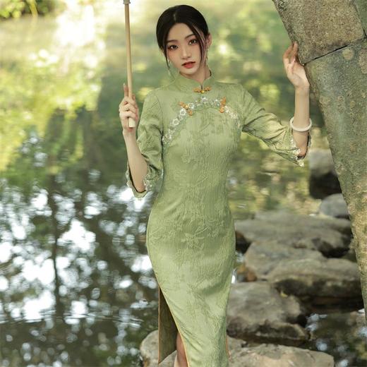 2023秋款圆襟花边倒大袖旗袍连衣裙 复古改良古法旗袍少女年轻款 商品图2