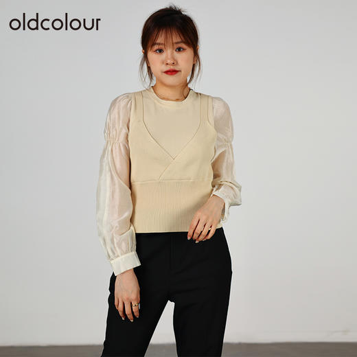 oldcolour2022秋季商场同款气质时尚泡泡袖针织衫假两件O32052220 商品图0