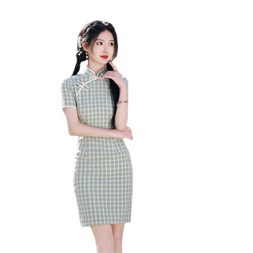 2023春夏新款棉麻格子短款旗袍连衣裙清新少女改良旗袍年轻款民国 商品图4