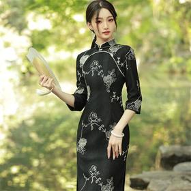 2023秋季新款 黑色蕾丝绣花圆襟中长款旗袍连衣裙复古改良民国风