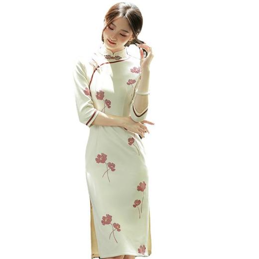 2023秋季新款雪花绒复合刺绣中袖中长款旗袍连衣裙少女年轻款旗袍 商品图4