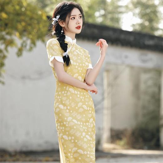 2023年春夏新款仿醋酸提花蕾丝花边中长款双层旗袍连衣裙年轻款 商品图1