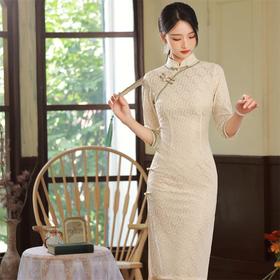 2023秋季新款雪尼尔蕾丝复合侧八扣旗袍连衣裙复古改良年轻少女款