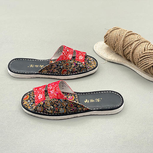 内联升女鞋手工单鞋千层底室内拖鞋拼色真丝织锦拖鞋2036C 商品图4
