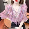 优雅百搭，荷叶边雪纺衬衫V领烫钻感短袖碎花上衣SDJ27241157 商品缩略图5