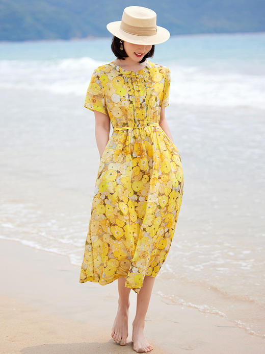 夏季黄色花朵印花苎麻连衣裙短袖薄款暑假旅行文艺温柔风长裙HMYM-S380 商品图1