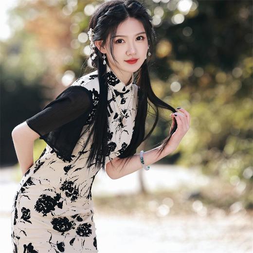 2023春夏新款雪纺植绒提花双层旗袍连衣裙复古改良旗袍少女年轻款 商品图1