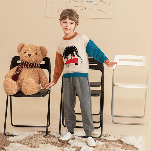 mettekids男童羊绒衫2023秋季新款撞色拼接毛衣儿童卡通针织衫 商品图1