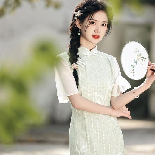 2023春夏新款雪纺竖条纹刺绣双层中长款改良旗袍连衣裙少女年轻款 商品图1