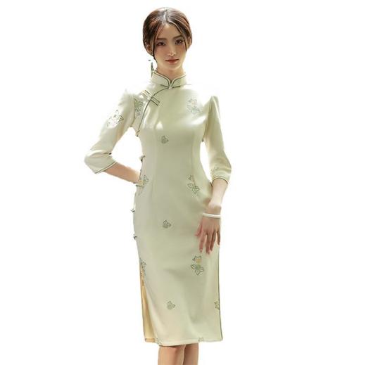 2023秋款雪花绒刺绣中长款旗袍连衣裙清新文艺复古改良少女年轻款 商品图3