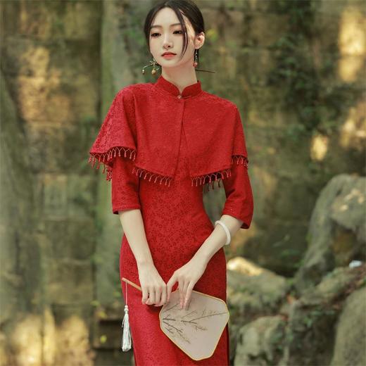 2022秋冬新款复合蕾丝两件套披肩中袖旗袍连衣裙气质文艺民国风 商品图2