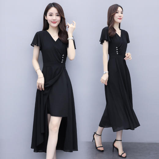气质优雅，时尚V领百搭潮流不规则连衣裙HR-QY20537-1 商品图0