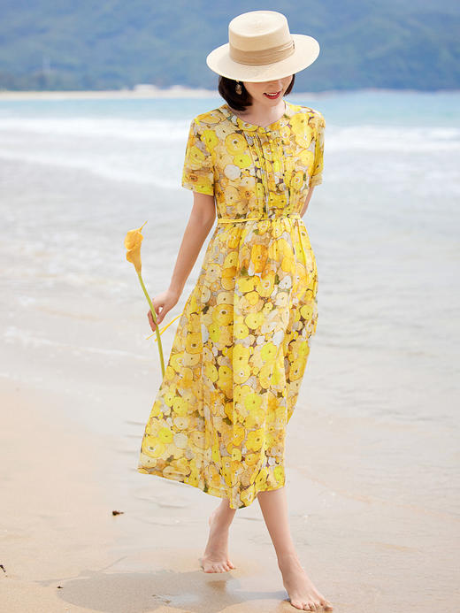 夏季黄色花朵印花苎麻连衣裙短袖薄款暑假旅行文艺温柔风长裙HMYM-S380 商品图2