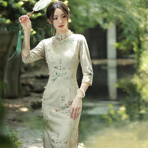 2023秋季新款雪花绒印花侧八扣中长款旗袍连衣裙复古改良少女旗袍 商品图1