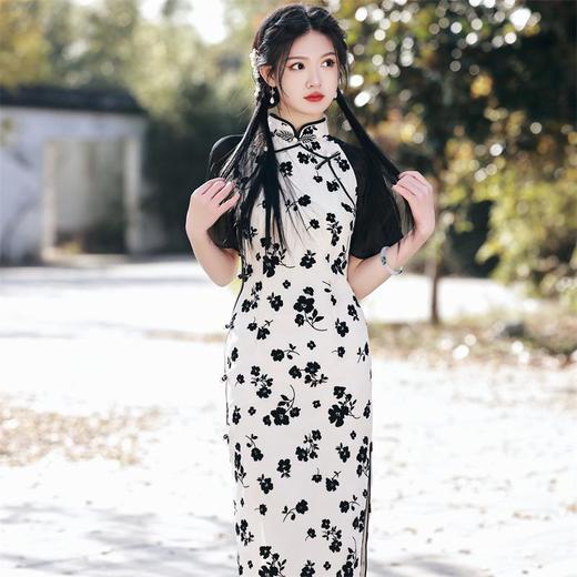 2023春夏新款雪纺植绒提花拼接双层旗袍连衣裙复古改良少女年轻款 商品图0
