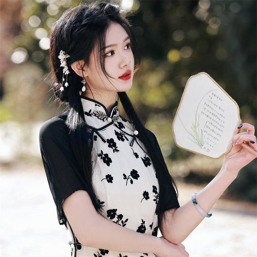 2023春夏新款雪纺植绒提花拼接双层旗袍连衣裙复古改良少女年轻款 商品图3