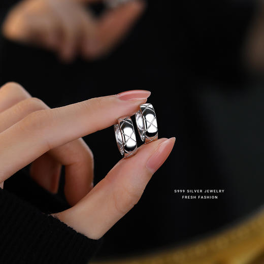 【深音】S999银足银菱格纹耳扣小香风耳圈【YXS-E3228】 商品图2