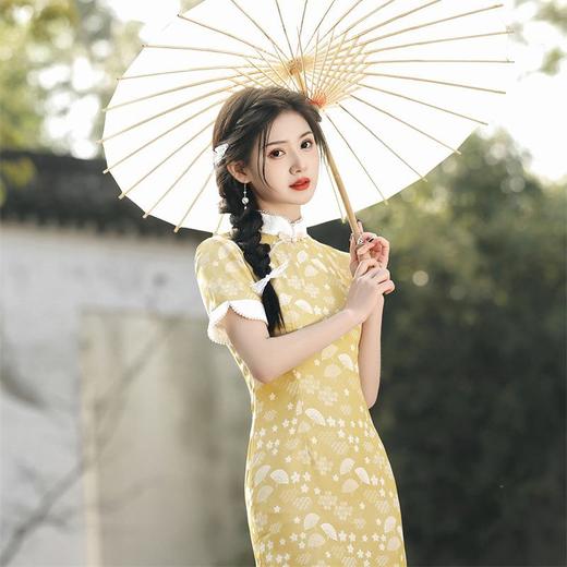 2023年春夏新款仿醋酸提花蕾丝花边中长款双层旗袍连衣裙年轻款 商品图2